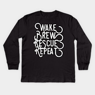 Wake Brew Rescue Repeat black distressed text design for coffee and animal rescue lovers Kids Long Sleeve T-Shirt